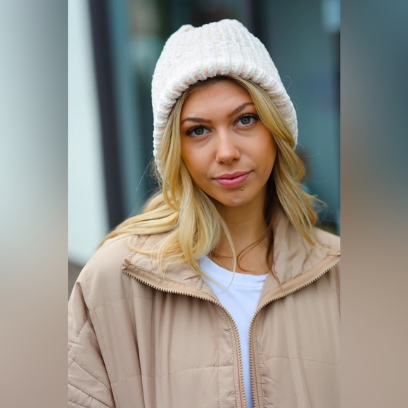 Cream Knit Velvet Chenille Fold Over Beanie - Picture 4 of 7